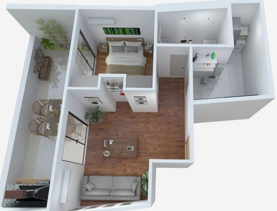 Floor plan of Casa Gurruchaga showing terrace, living room, kitchen, bedroom and bath
